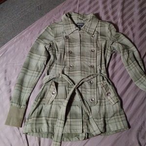 Green/tan, soft lightweight coat. Zips up front. ,